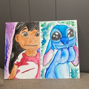 Lilo and Stich hand painted watercolor on flat canvas 14”x11”